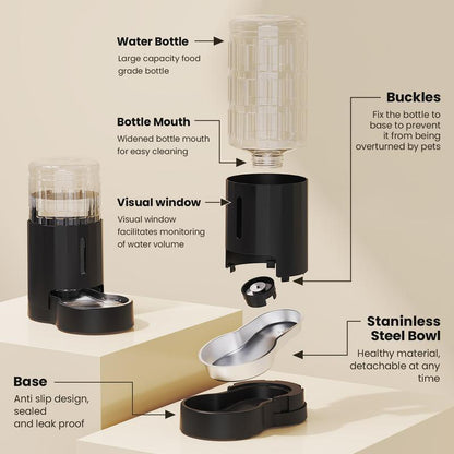 CZPET 4L Pet Water Dispenser for Cats & Dogs Stainless Steel Bowl Automatic Gravity Waterer Cat